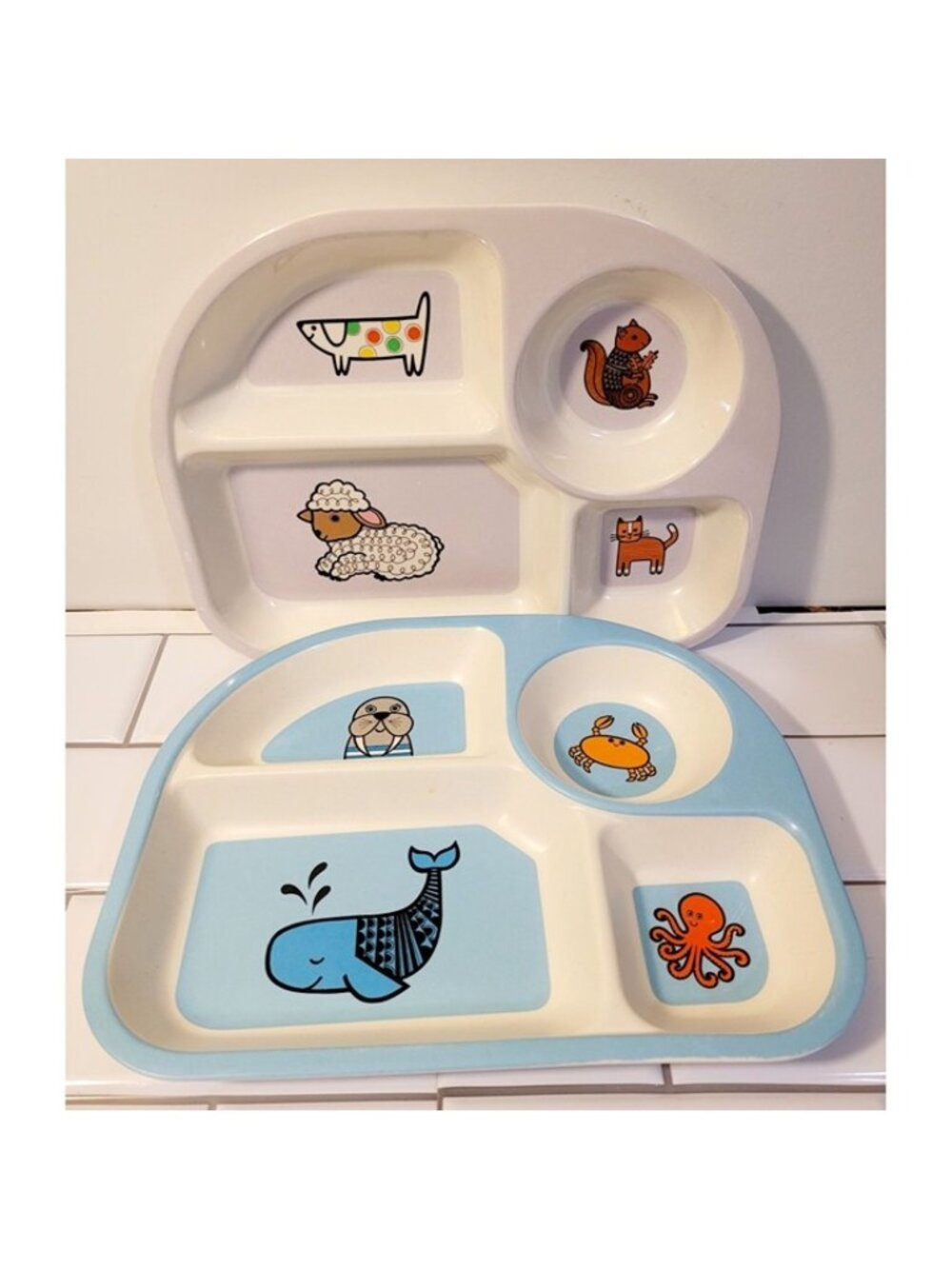 Jane Foster Child Feeding Plate 10.5" Dog Cat Lamb Squirrel Whale Crab Set of 2
